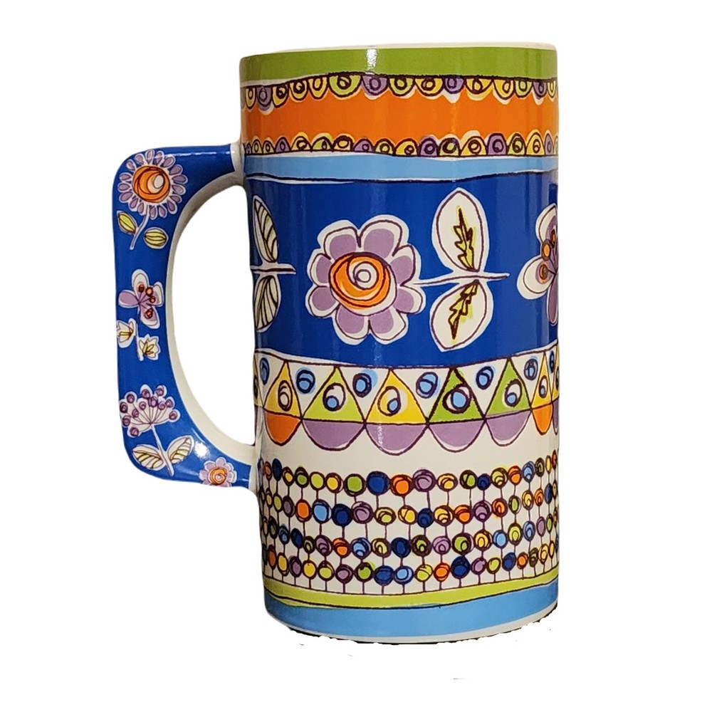 Rare Pier 1 Porcelain Mug Colorful Floral Blue Orange Purple Green 6" Tall - Picture 1 of 9